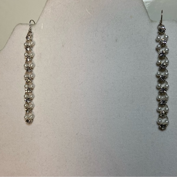 Silver tone women pearl and white rhinestone long drop earrings. Used. - Picture 4 of 5